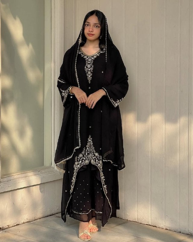 Exclusive Black And Red Soft Georgette Embroidery Palazo Kurti With Dupatta