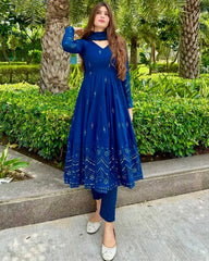 Ready To Wear Blue Faux Georgette Embroidery Work Anarkali Suit With Dupatta