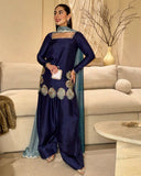 Ready To Wear Navy Blue Natural Crep Silk Embroidery Farshi Salwar Kurti With Dupatta