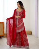 Premium Red And Blue Premium Soft Georgette Embroidery Palazo Kurti With Dupatta