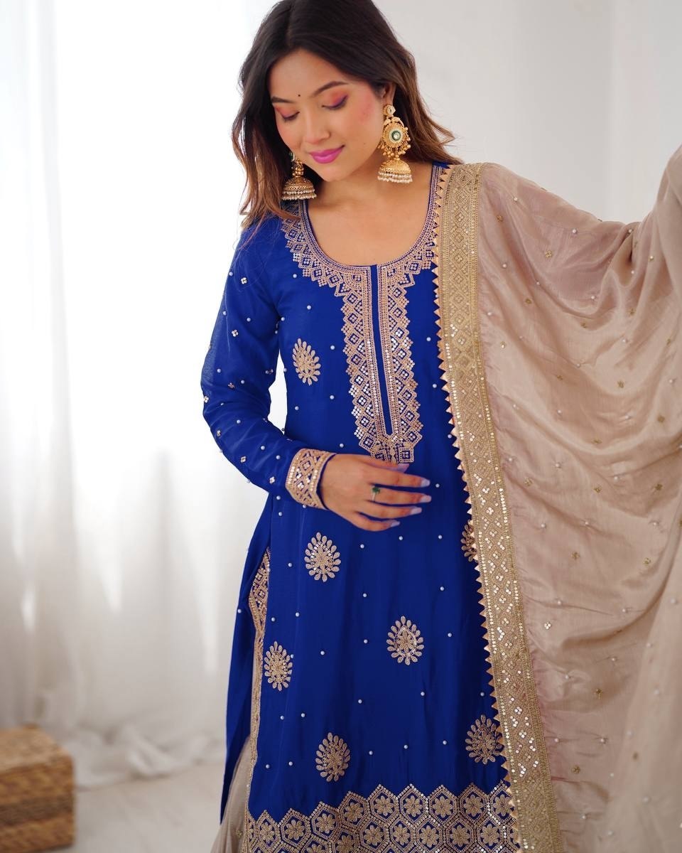 Premium Pink Blue Premium Chinon Silk Embroidery Gharara Suit With Dupatta