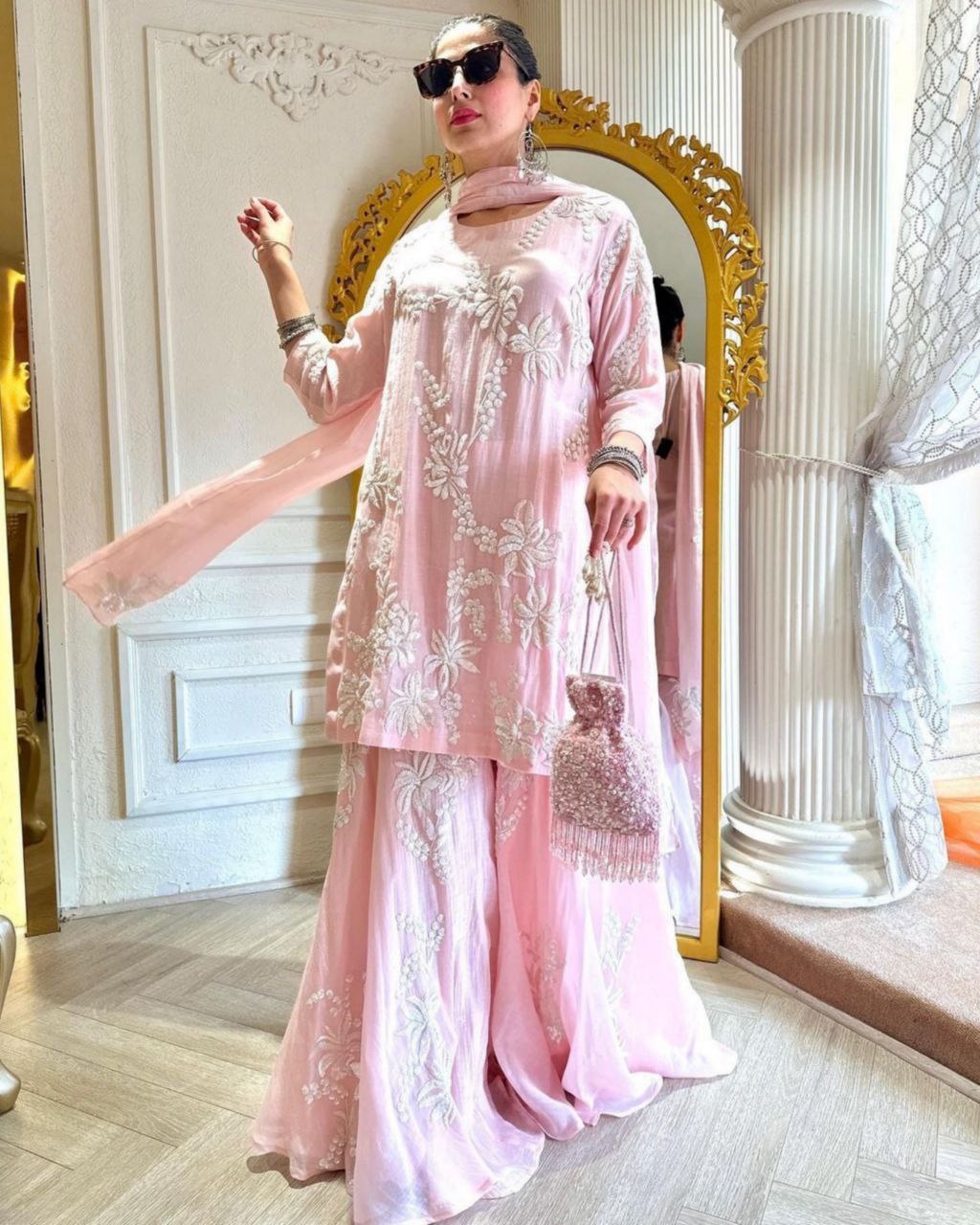 Designer Baby Pink Pure Georgette Embroidery Work Sharara Suit With Dupatta