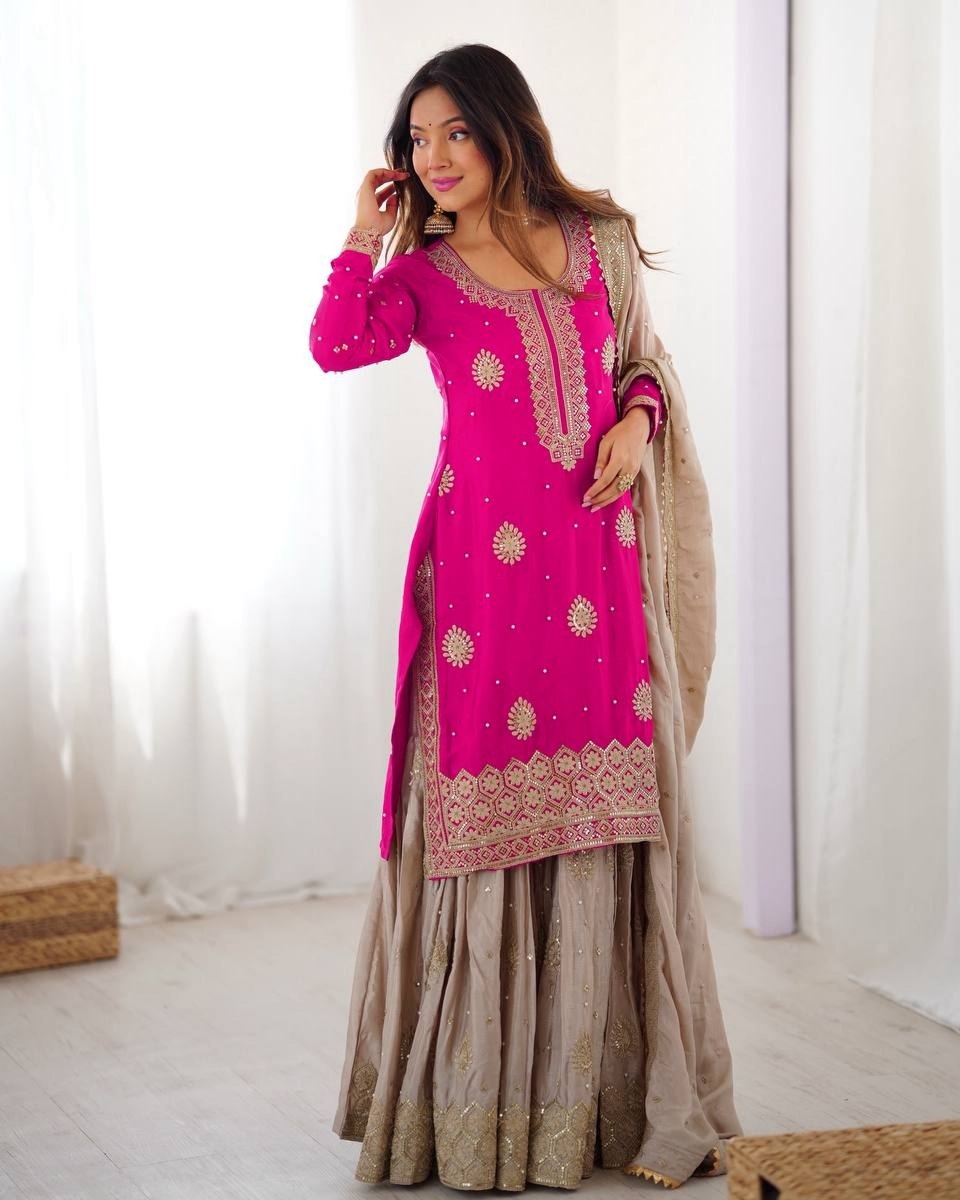 Premium Pink Blue Premium Chinon Silk Embroidery Gharara Suit With Dupatta