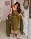 Exclusive Mehndi Green Fendy Silk Embroidery Top Bottom With Dupatta