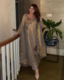 Exclusive Grey Soft Georgette Embroidery Kurti Pant With Dupatta