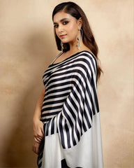 Designer Black-White Japan Satin Digital Print Work Saree With Blouse