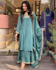 Ready To Wear Sea Green Chinon Silk Embroidery Work Sharara Suit With Dupatta