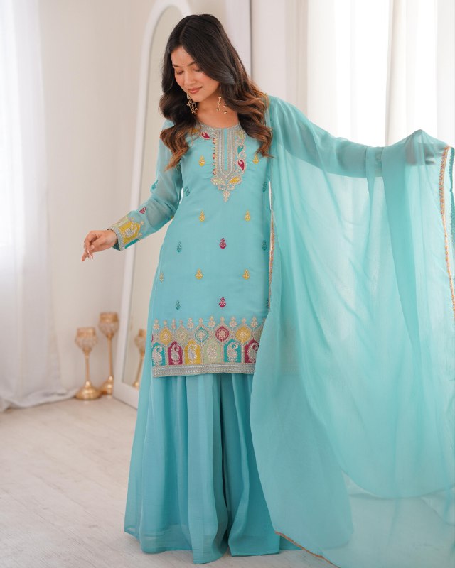 Ready To Wear Yellow Sky Soft Crunchy Silk Embroidery Kurti Palazo With Dupatta