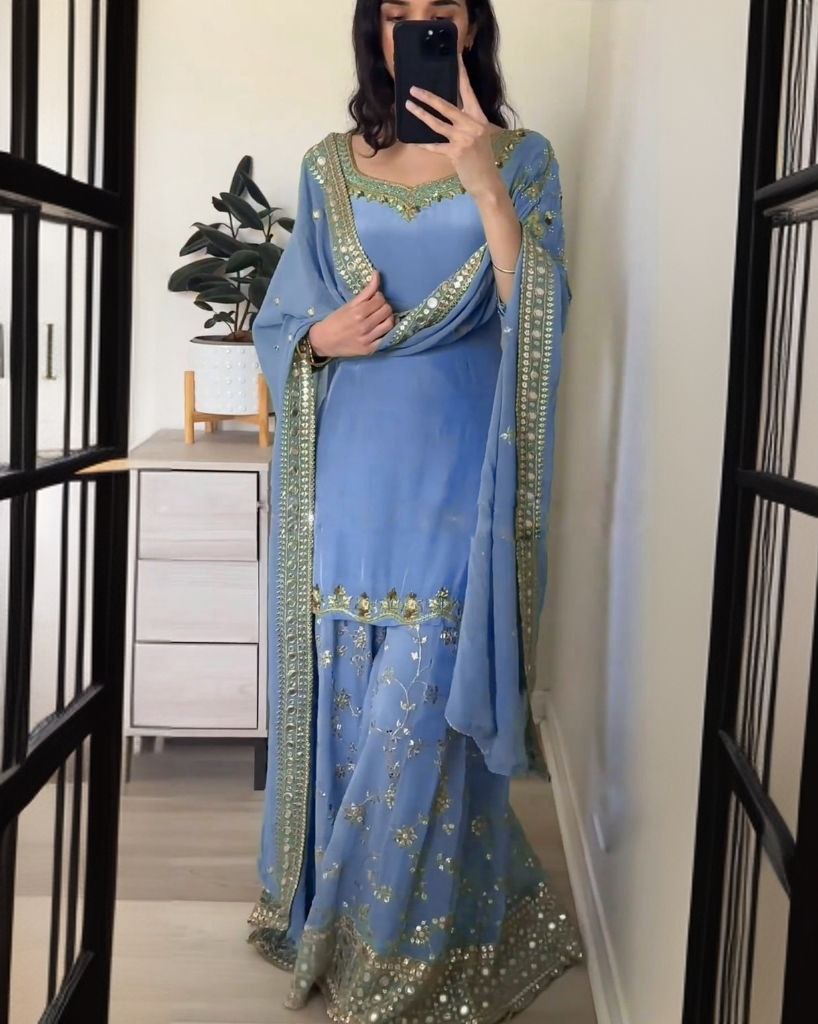 Ready To Wear Sky Pure Georgette Embroidery Work Sharara Suit With Dupatta