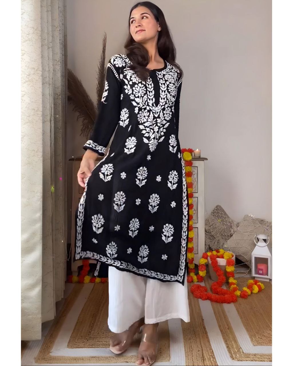 Ready To Wear Black Rayon Cotton Embroidery Work Chikan Kari Suit