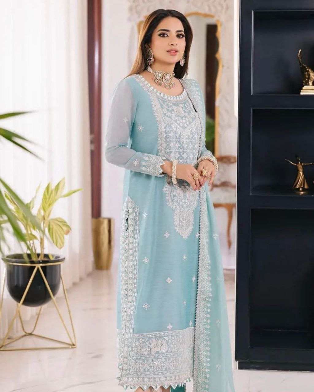 Ready To Wear Sky Pure Georgette Embroidery Work Pakistani Suit With Dupatta