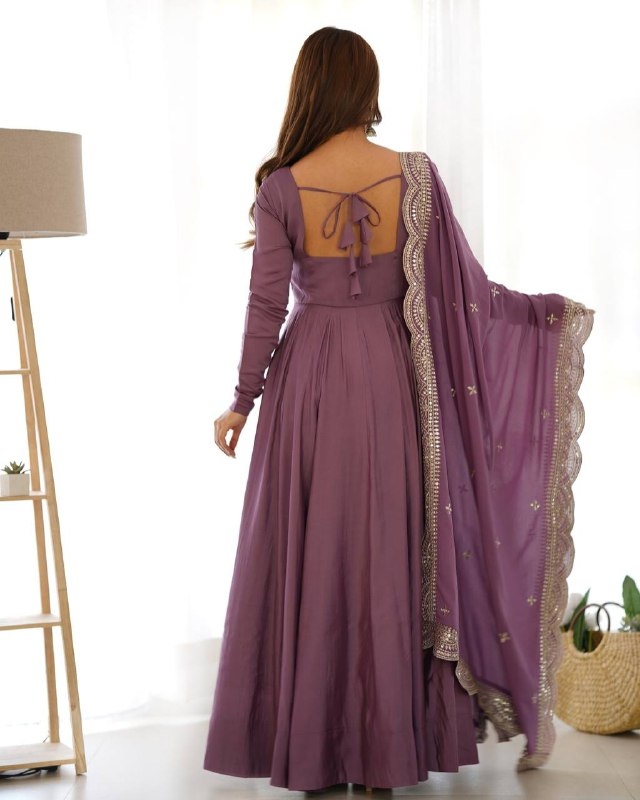 Premium Lavender Chanderi Roman Silk Embroidery Anarkali Suit With Dupatta