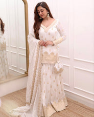 Ready To Wear White Pure Georgette Embroidery Work Sharara Suit With Dupatta