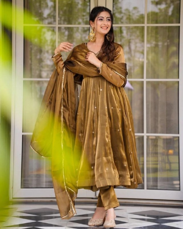 Ready To Wear Antique Gold Shimmer Silk Anarkali Suit With Dupatta