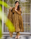 Ready To Wear Antique Gold Shimmer Silk Anarkali Suit With Dupatta