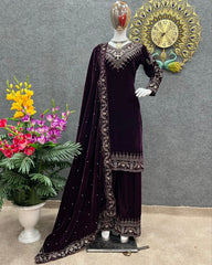 Ready To Wear Blue&Wine Micro Velvet Embroidery Work Palazo Suit With Dupatta