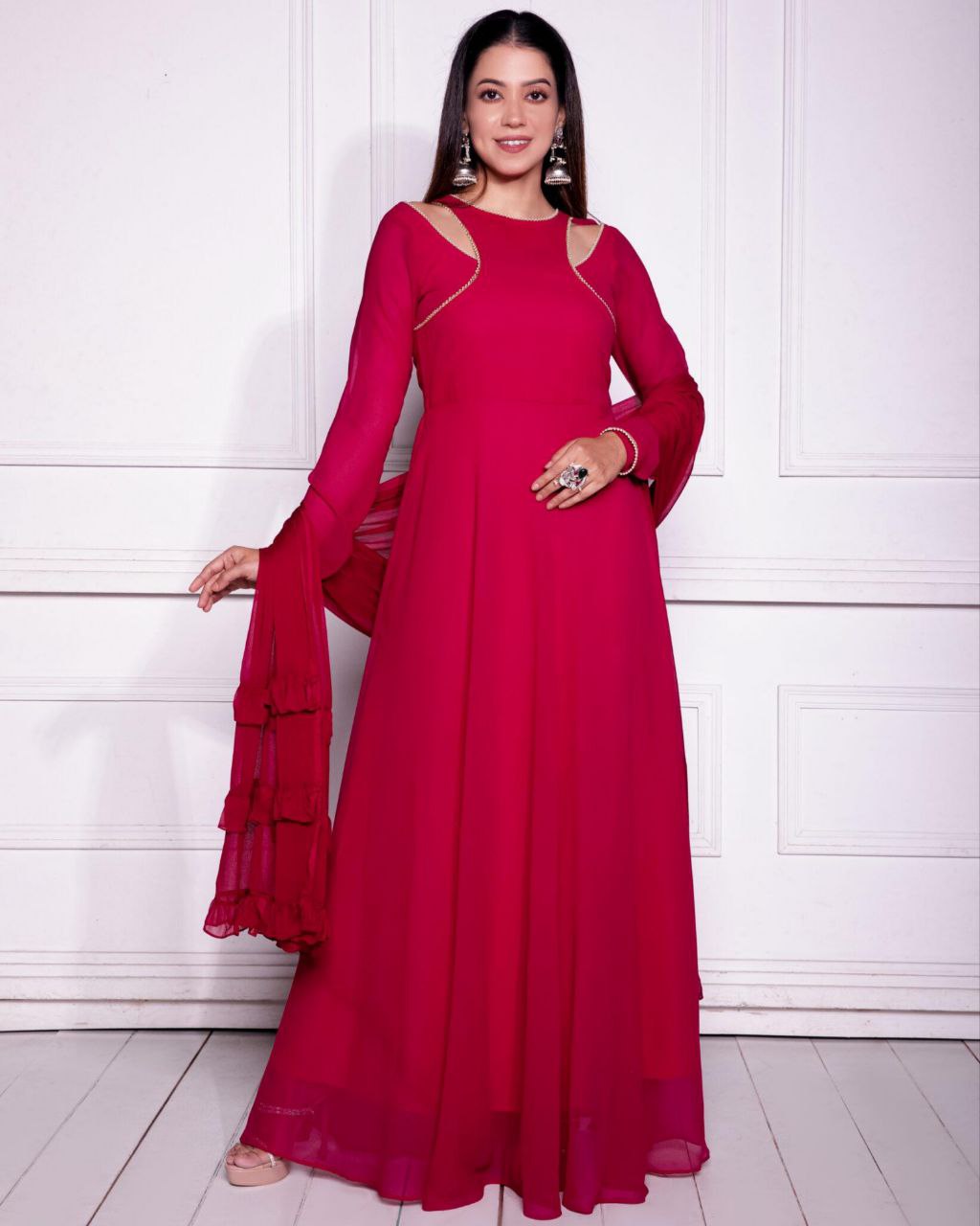 Ready To Wear Rose Red Faux Georgette Ruffle Work Gown With Drapped Dupatta