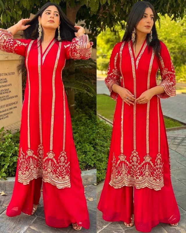 Ready To Wear Red Faux Georgette Embroidery Work Plazzo Suit With Dupatta