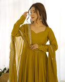 Premium Mustard Chanderi Roman Silk Embroidery Anarkali Suit With Dupatta