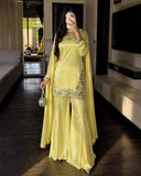 Ready To Wear Yellow Pure Simmer Silk  Embroidery Kurti Palazo With Dupatta