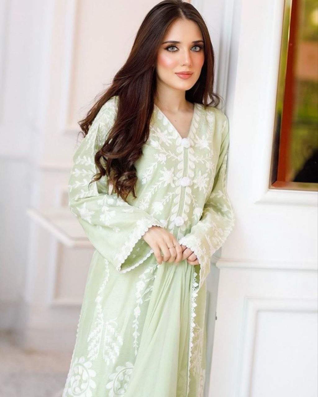 Ready To Wear Pistachio Green Faux Georgette Embroidery Work Pakistani Suit With Dupatta