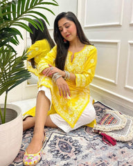 Ready To Wear Yellow Rayon Cotton Embroidery Work Chikan Kari Suit