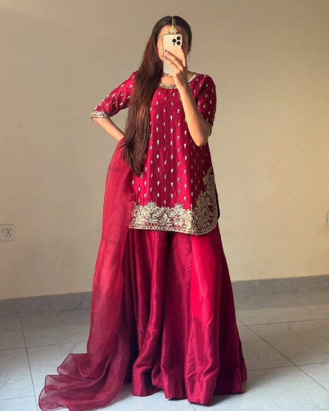 Ready To Wear Red French Silk Embroidery Kurti Palazo With Dupatta