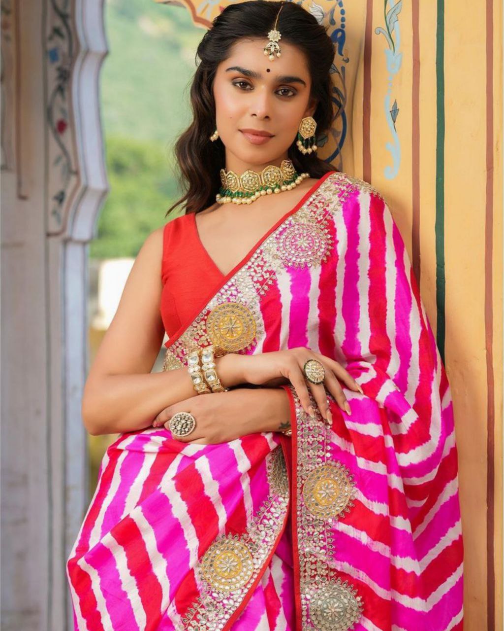 Designer Multi Vichitra Silk Digital Print Work Saree With Red Blouse