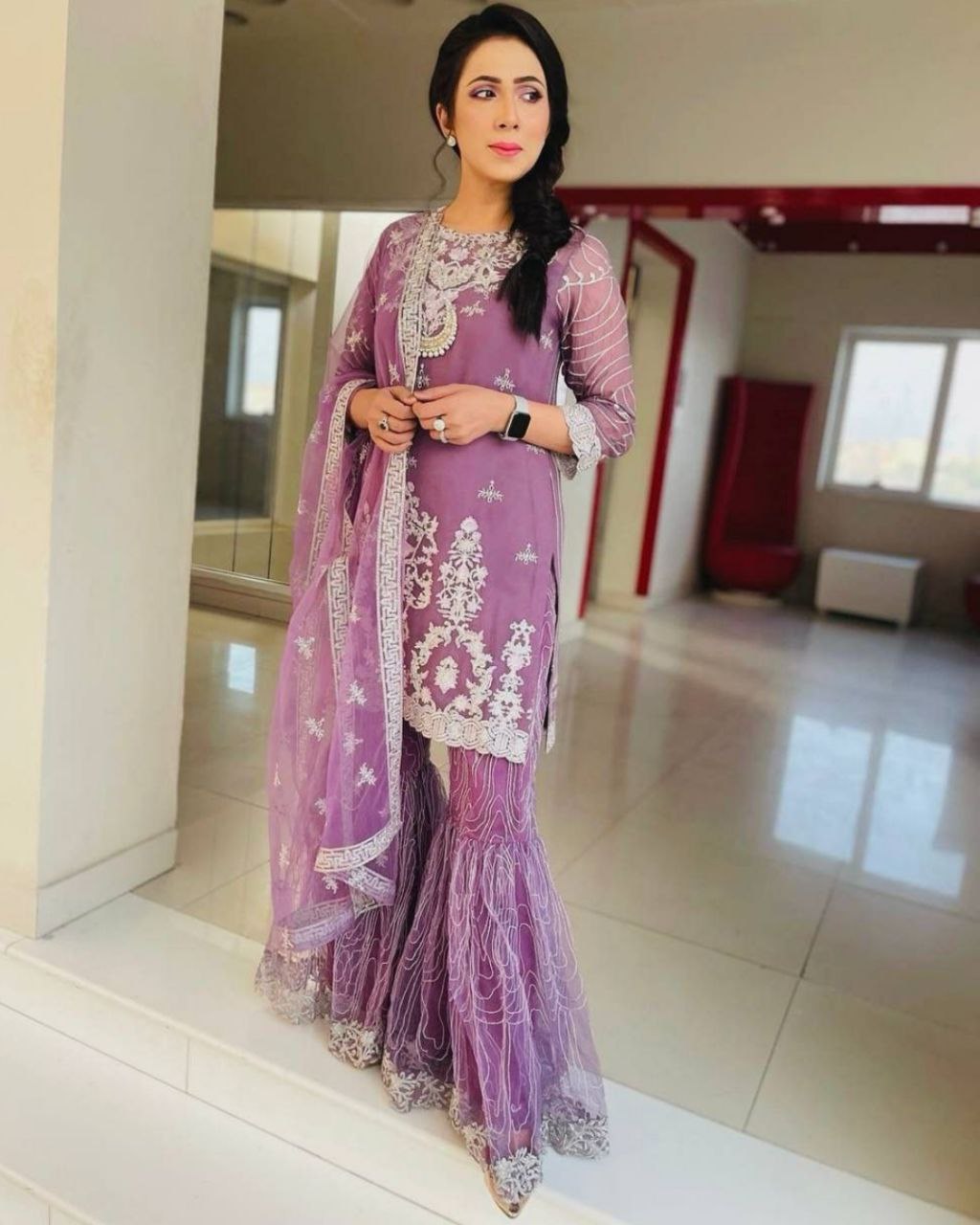 Designer Lilac Soft Mono Net Embroidery Work Gharara Suit With Dupatta