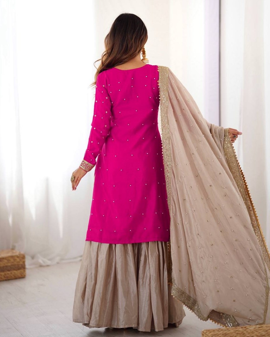 Premium Pink Blue Premium Chinon Silk Embroidery Gharara Suit With Dupatta