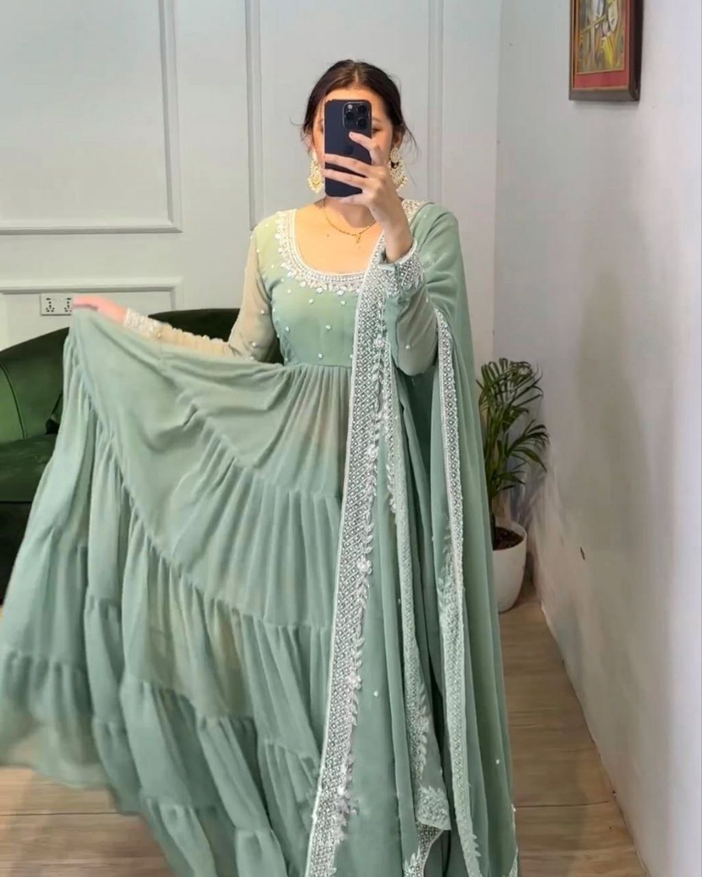 Ready To Wear Pista Green Pure Georgette Embroidery Work Anarkali Gown With Dupatta