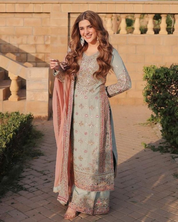 Exclusive Sage Green Soft Georgette Embroidery Palazo Kurti With Dupatta