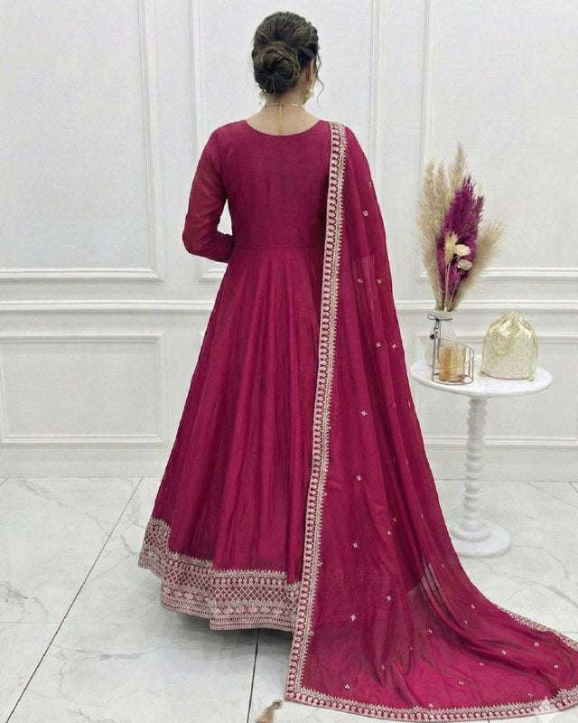 Exclusive Dark Pink Pure Vichitra Silk Anarkali Suit With Dupatta