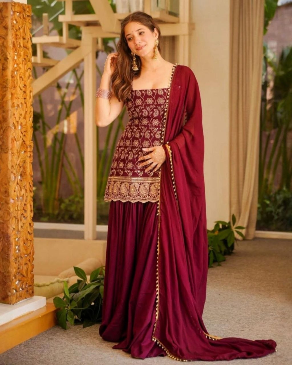 Ready To Wear Red And Green Soft Georgette  Embroidery Sharara Kurti With Dupatta
