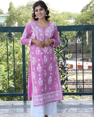 Ready To Wear Pink Rayon Cotton Embroidery Work Chikan Kari Suit