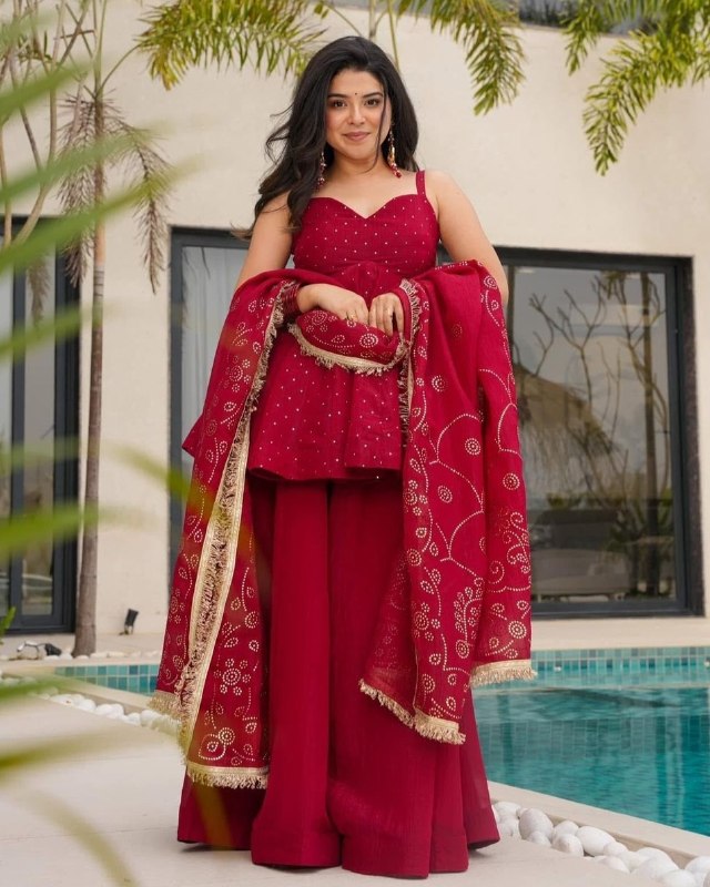 Ready To Wear Cream And Red Pure Taby Organza Silk Sharara Suit With Dupatta