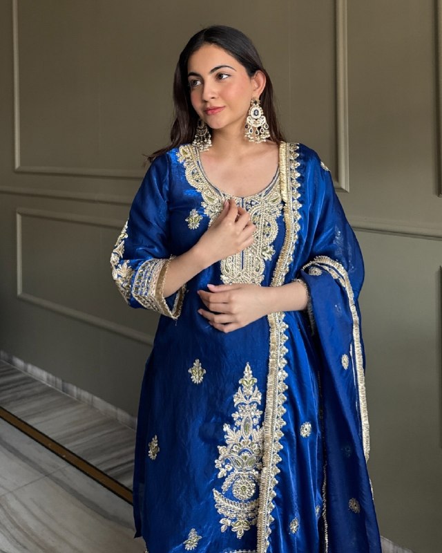 Ready To Wear Red And Blue Simmer Silk Palazo Kurti With Dupatta