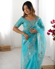 Exclusive Teal Blue Organza Silk Embroidery Saree With Blouse And Dupatta