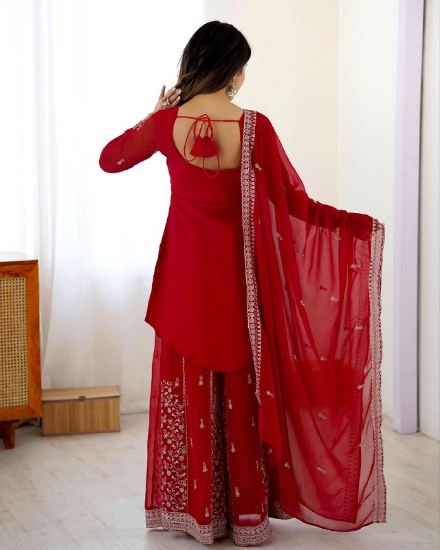 Premium Red And Blue Premium Soft Georgette Embroidery Palazo Kurti With Dupatta