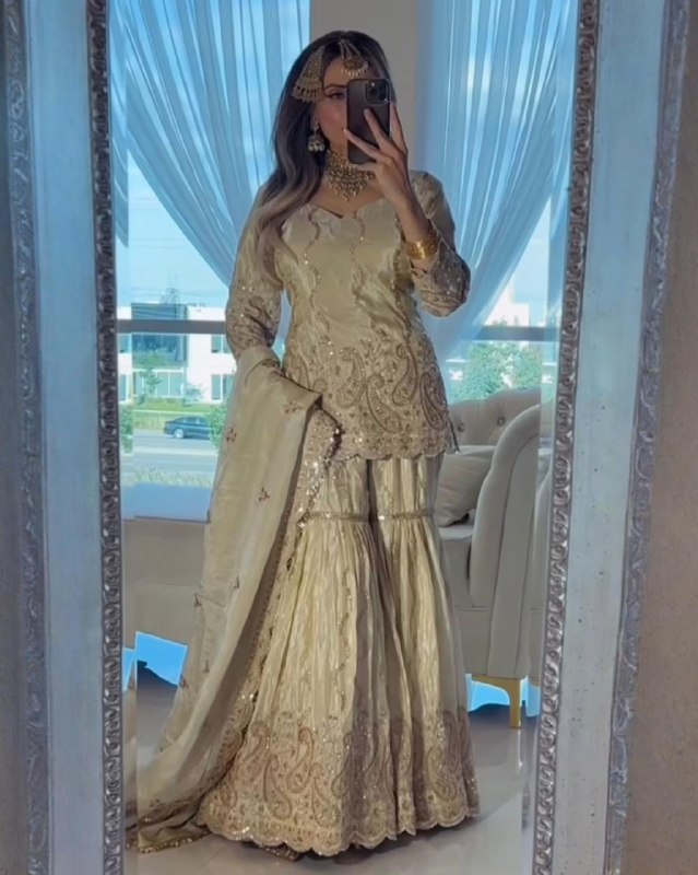 Exclusive Light Gold Heavy Chinon Silk Embroidery Gharara Suit With Dupatta