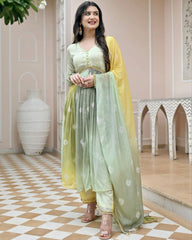 Ready To Wear Yellow-Green Faux Georgette Lace Work Anarkali Suit With Dupatta