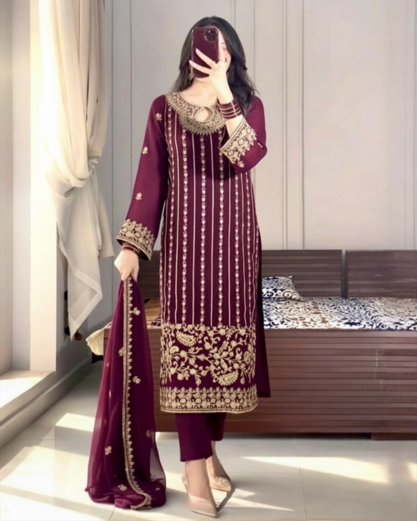 Exclusive Blue Wine Grey Chinon Silk Embroidery Kurti Pant With Dupatta