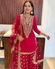 Ready To Wear Red Pure Georgette Embroidery Work Sharara Suit With Dupatta