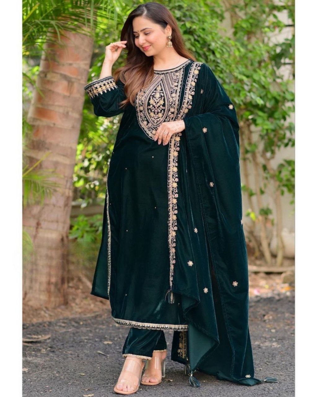 Ready To Wear Dark Green Micro Velvet Embroidery Work Pakistani Suit With Dupatta