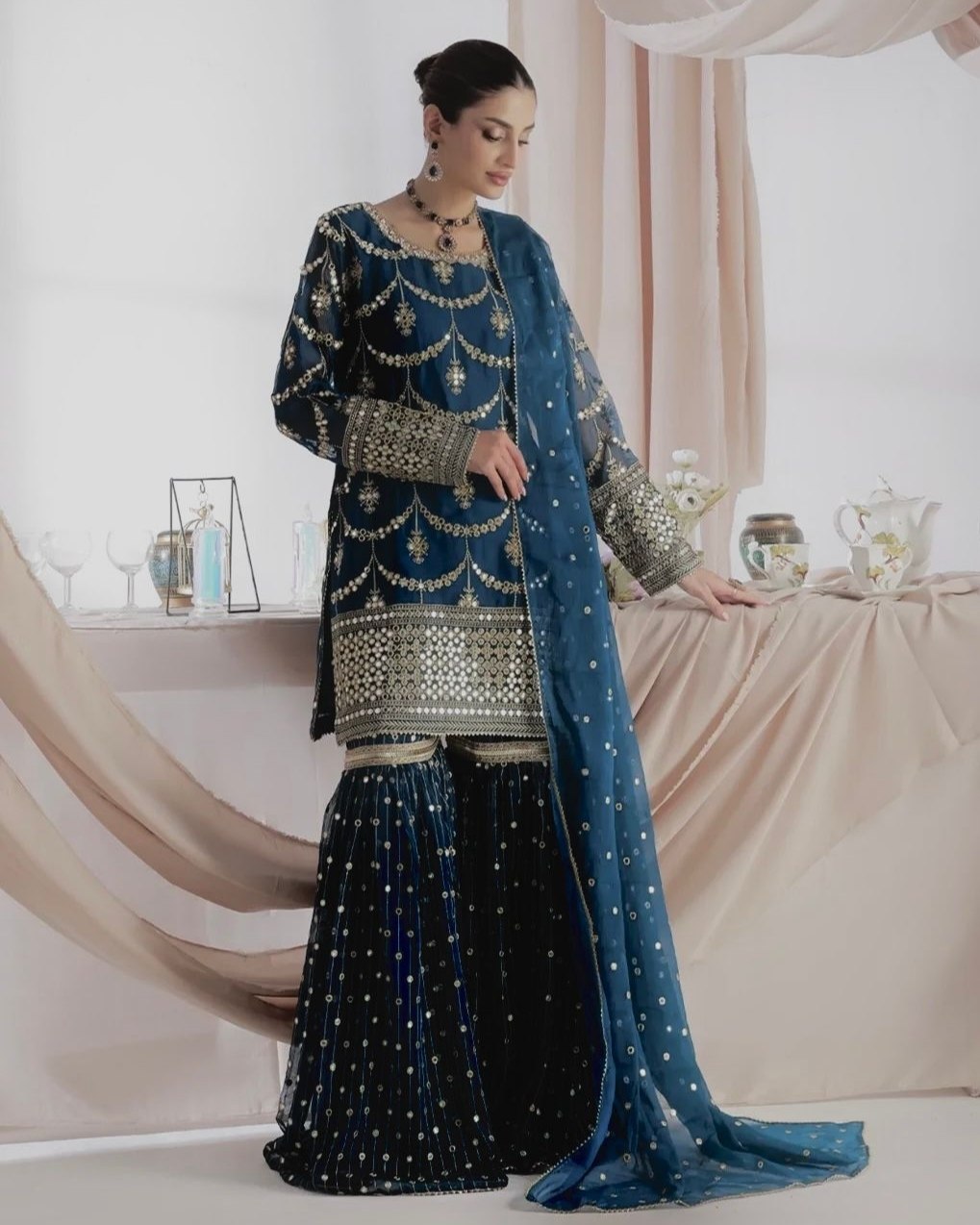 Ready To Wear Red Lavender Peach Blue Soft Georgette Embroidery Kurti Sharara With Dupatta