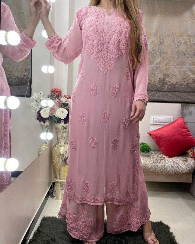 Ready To Wear Baby Pink Rayon Cotton Embroidery Work Chikan Kari Suit With Dupatta