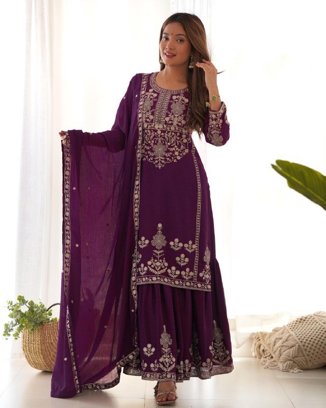 Ready To Wear Purple Pure Chinon Silk Embroidery Sharara Kurti With Dupatta