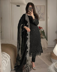 Ready To Wear Black Pure Georgette Embroidery Work Pakistani Suit With Dupatta