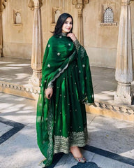 Ready To Wear Bottle Green Pure Georgette Embroidery Work Anarkali Gown With Dupatta