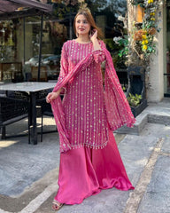 Ready To Wear Pink Heavy Faux Georgette Embroidery Work Plazzo Suit With Dupatta